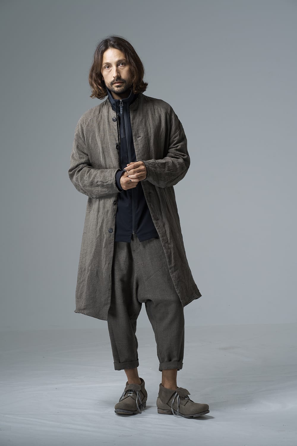 Dropcroch cropped pants silk linen crazy check  Beige Gray