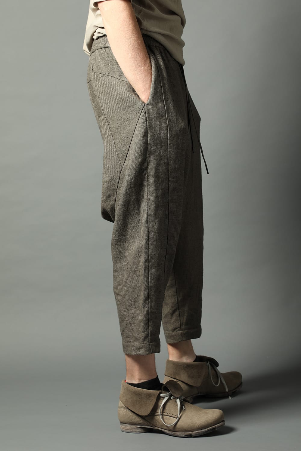 Dropcroch cropped pants silk linen crazy check  Beige Gray