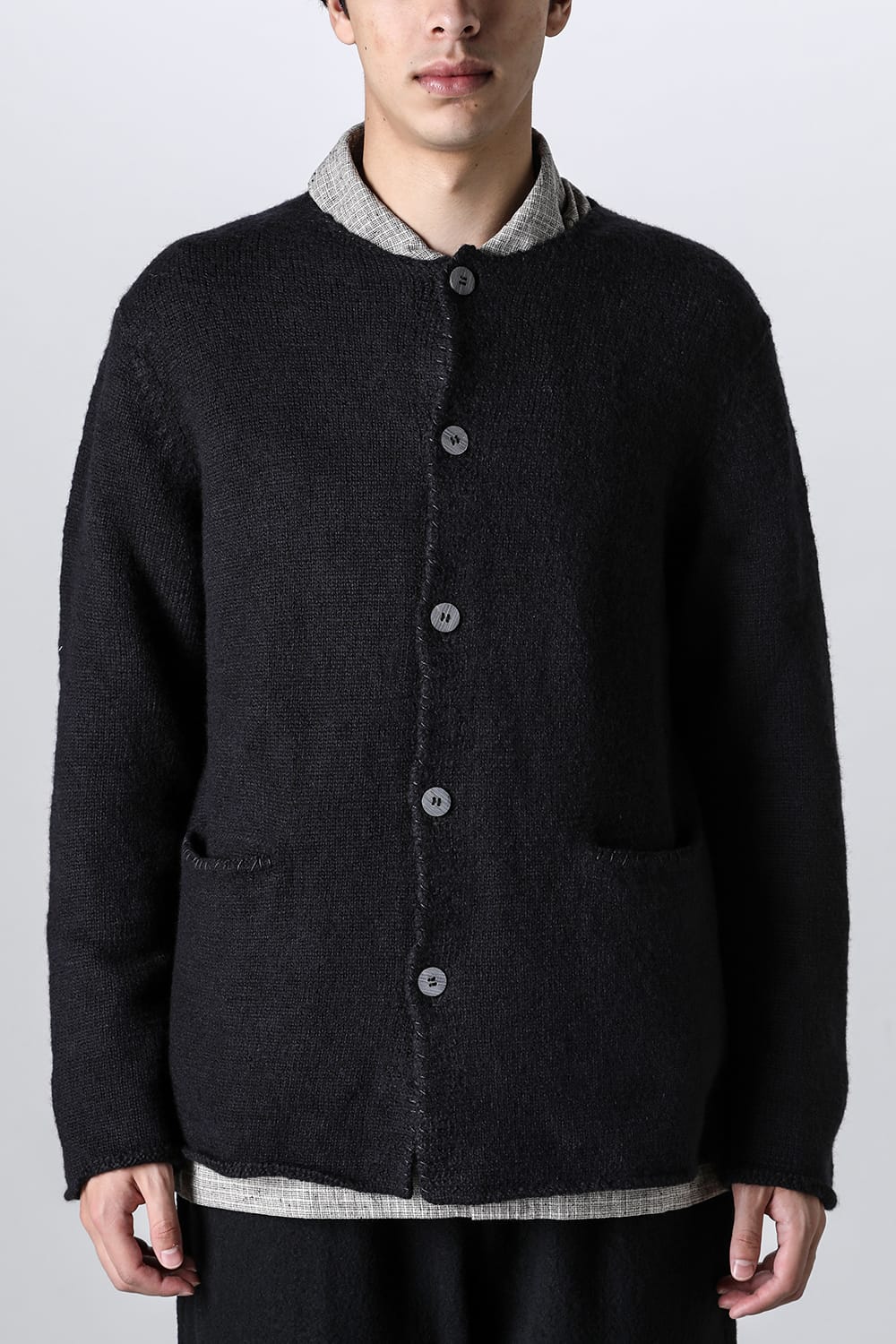 hand stitched crew neck cardigan Black
