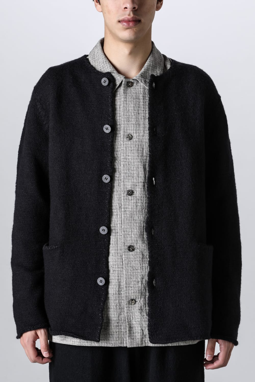 hand stitched crew neck cardigan Black