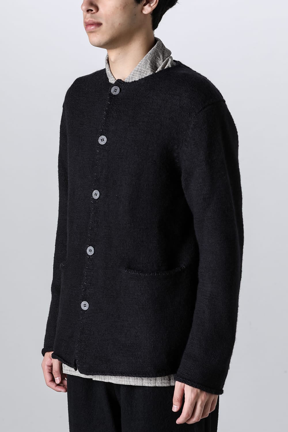 hand stitched crew neck cardigan Black