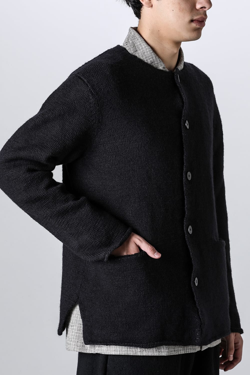 hand stitched crew neck cardigan Black
