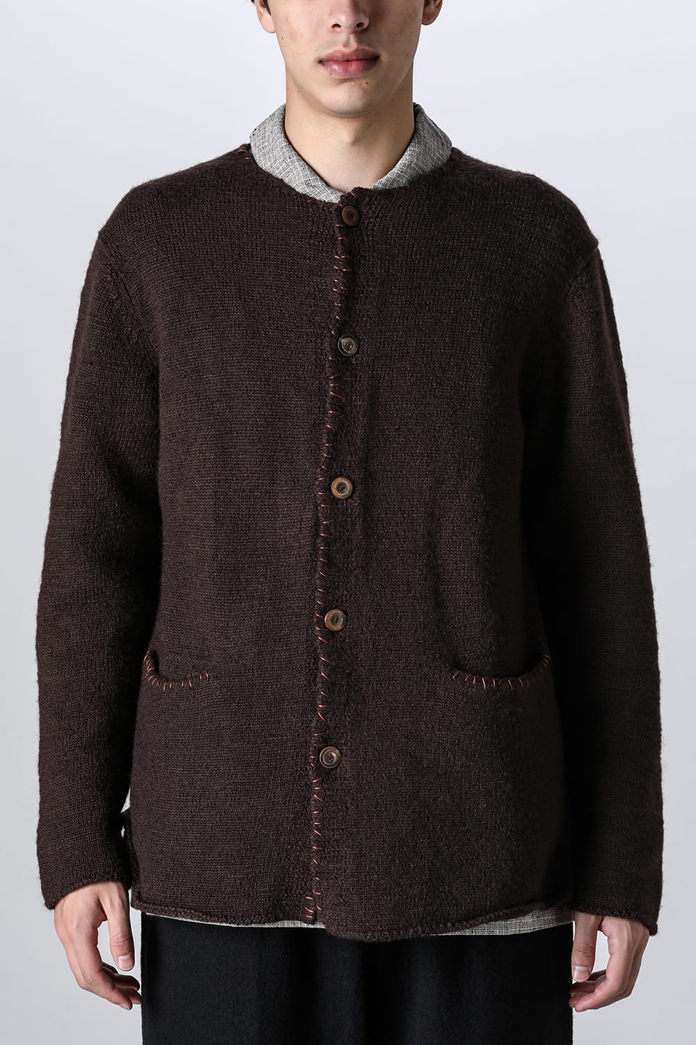 hand stitched crew neck cardigan Brown