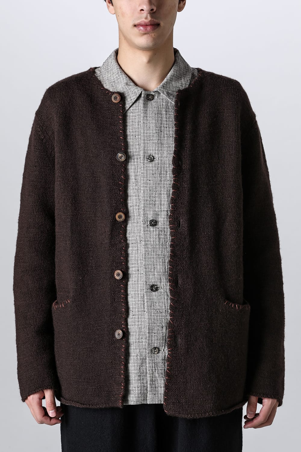 hand stitched crew neck cardigan Brown