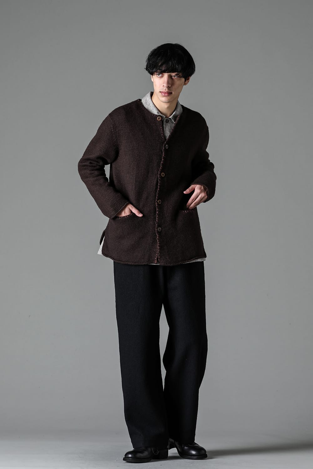 hand stitched crew neck cardigan Brown