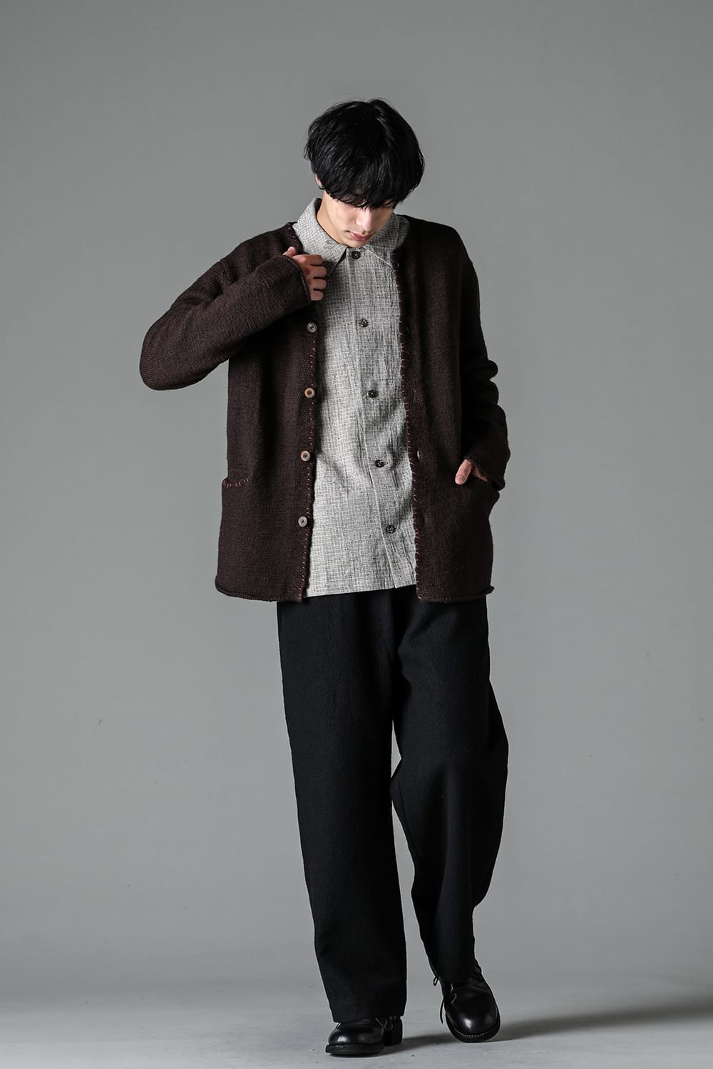 hand stitched crew neck cardigan Brown