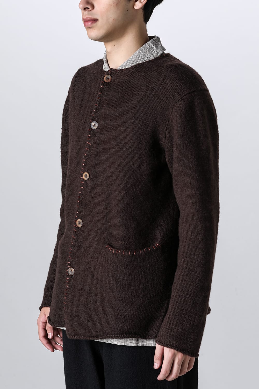 hand stitched crew neck cardigan Brown