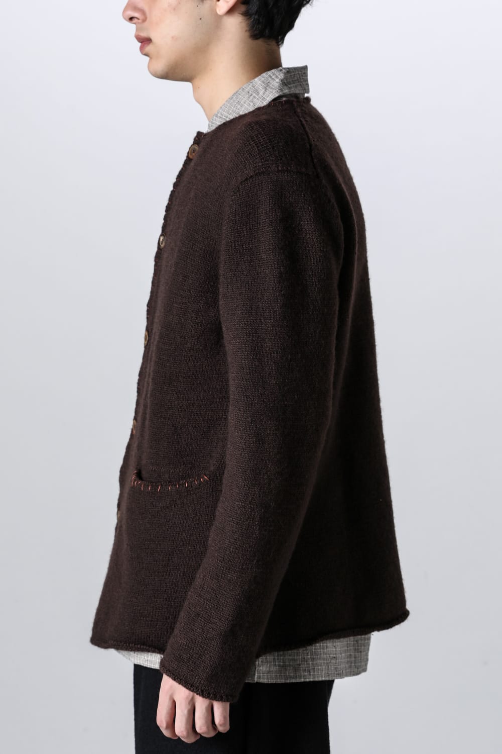 hand stitched crew neck cardigan Brown