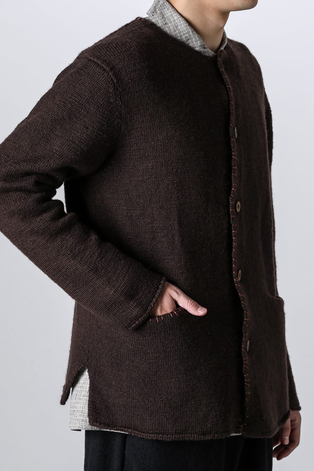 hand stitched crew neck cardigan Brown