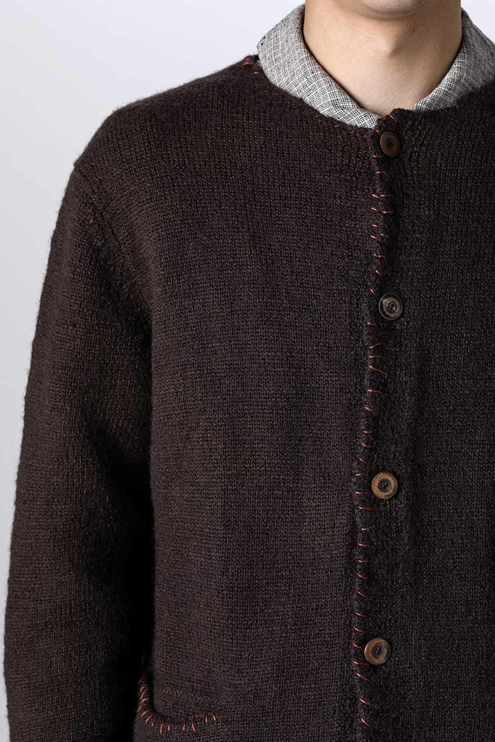 hand stitched crew neck cardigan Brown