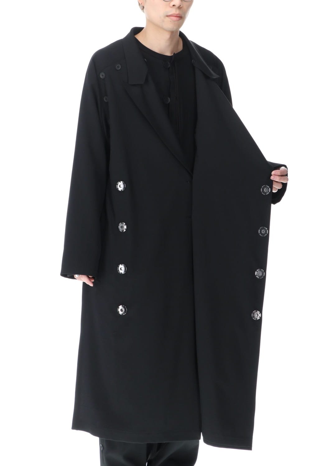 ダブルパーツ ボタン留め シワギャバジン ドレス