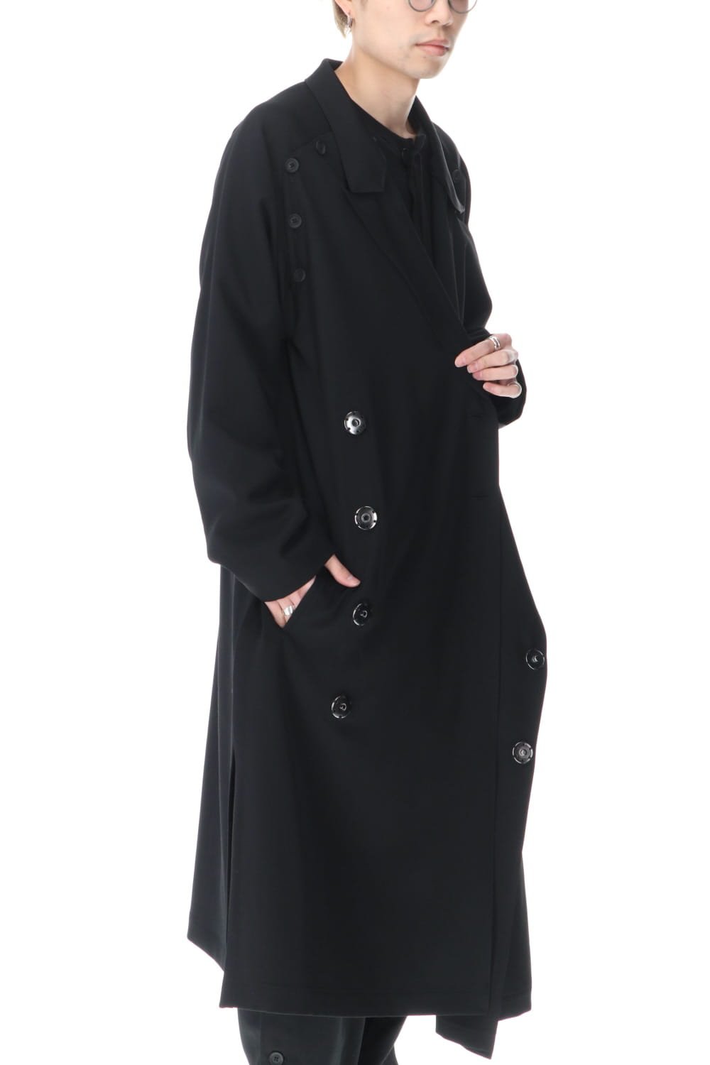 ダブルパーツ ボタン留め シワギャバジン ドレス