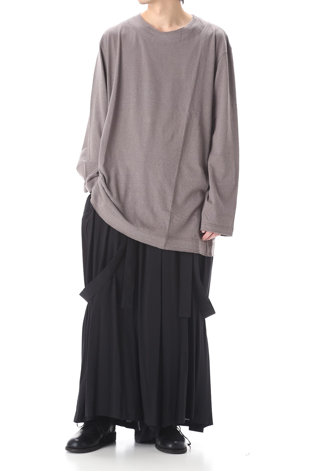 Old cotton Top stitch Cut off Round neck Long sleeve T-shirt Gray