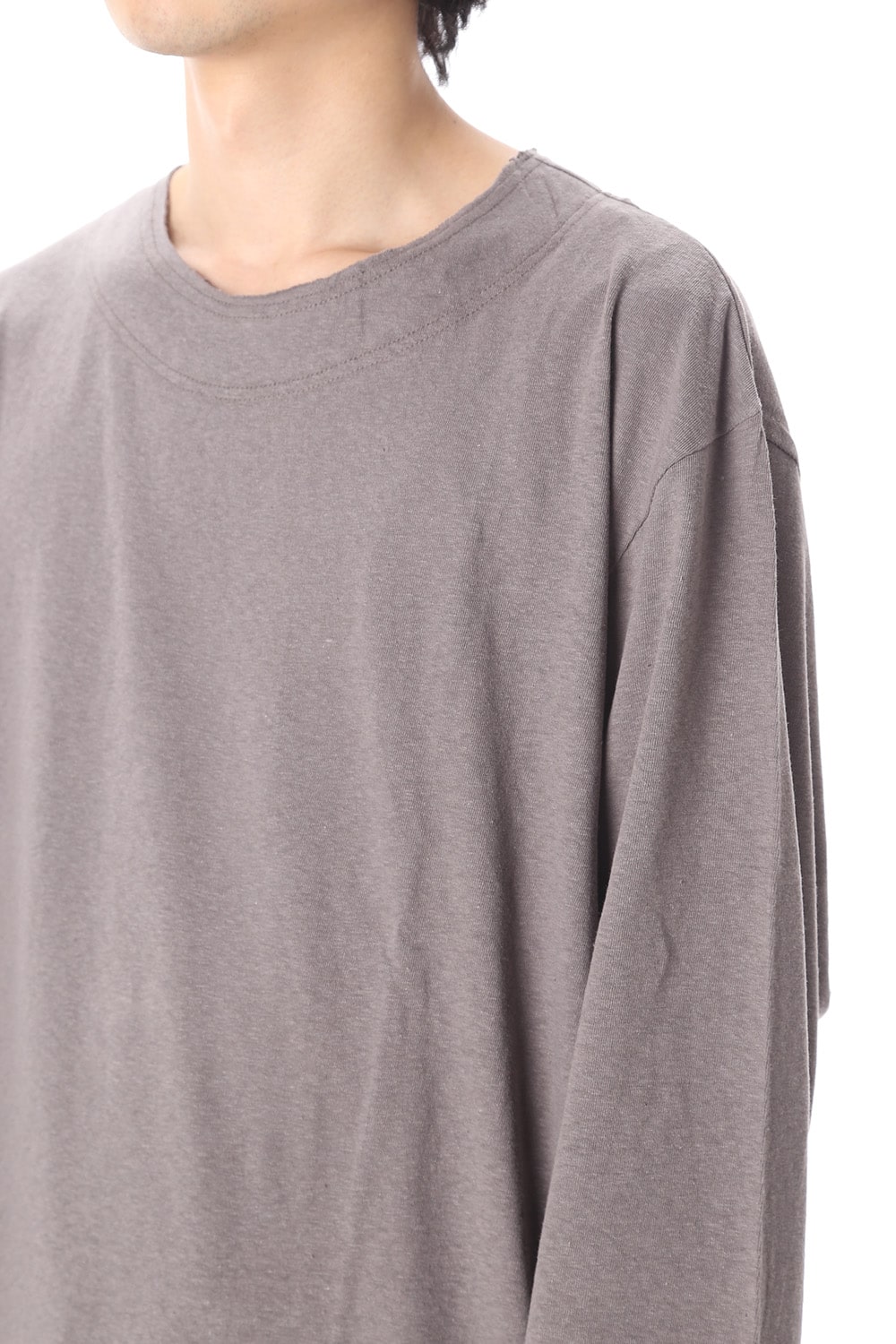 Old cotton Top stitch Cut off Round neck Long sleeve T-shirt Gray