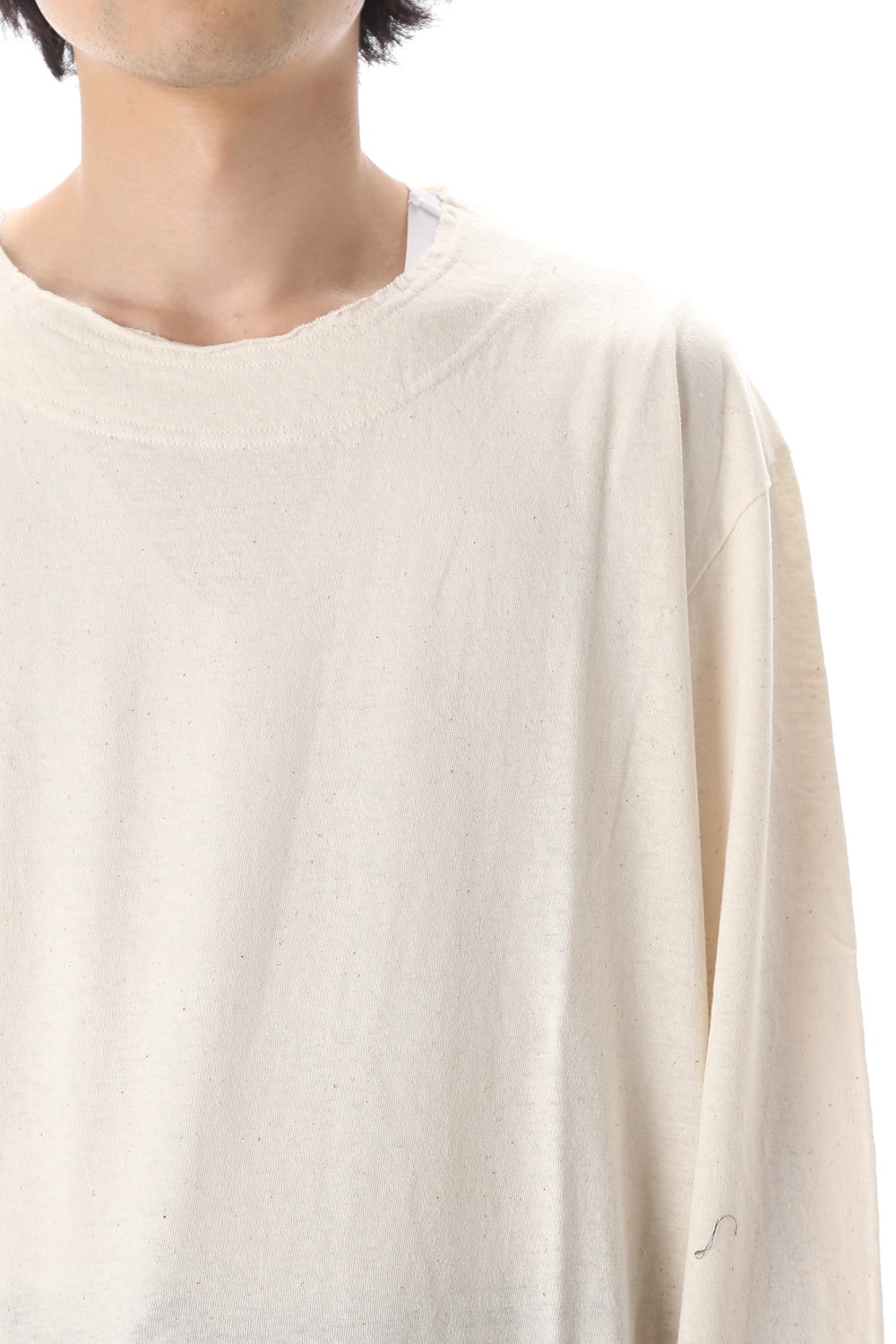 Old cotton Top stitch Cut off Round neck Long sleeve T-shirt Ivory