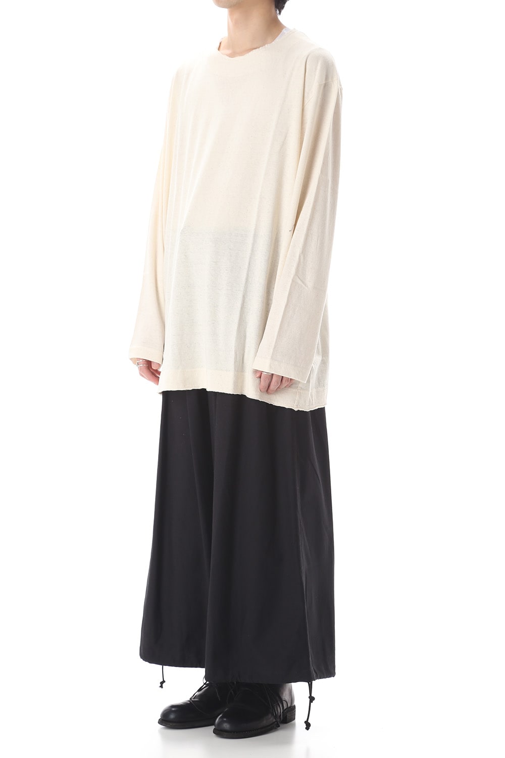 Old cotton Top stitch Cut off Round neck Long sleeve T-shirt Ivory