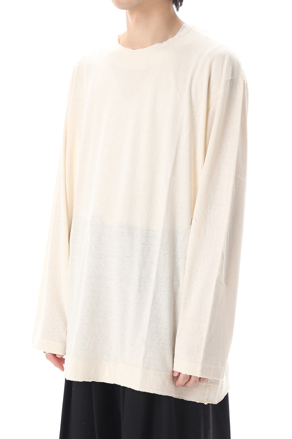 Old cotton Top stitch Cut off Round neck Long sleeve T-shirt Ivory