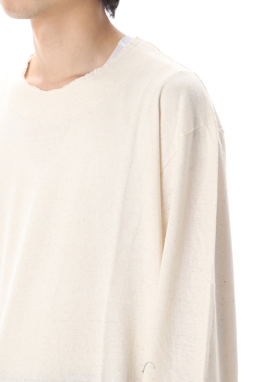 Old cotton Top stitch Cut off Round neck Long sleeve T-shirt Ivory