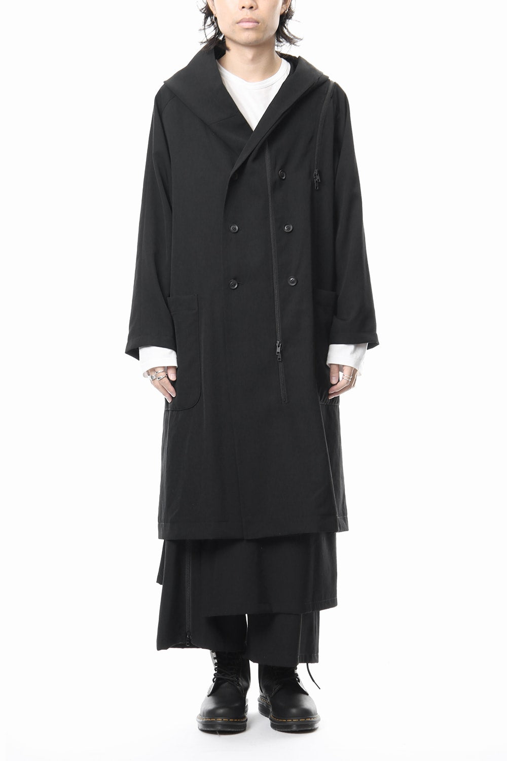 Hooded Double Fastener Long Coat - NV-C52-100