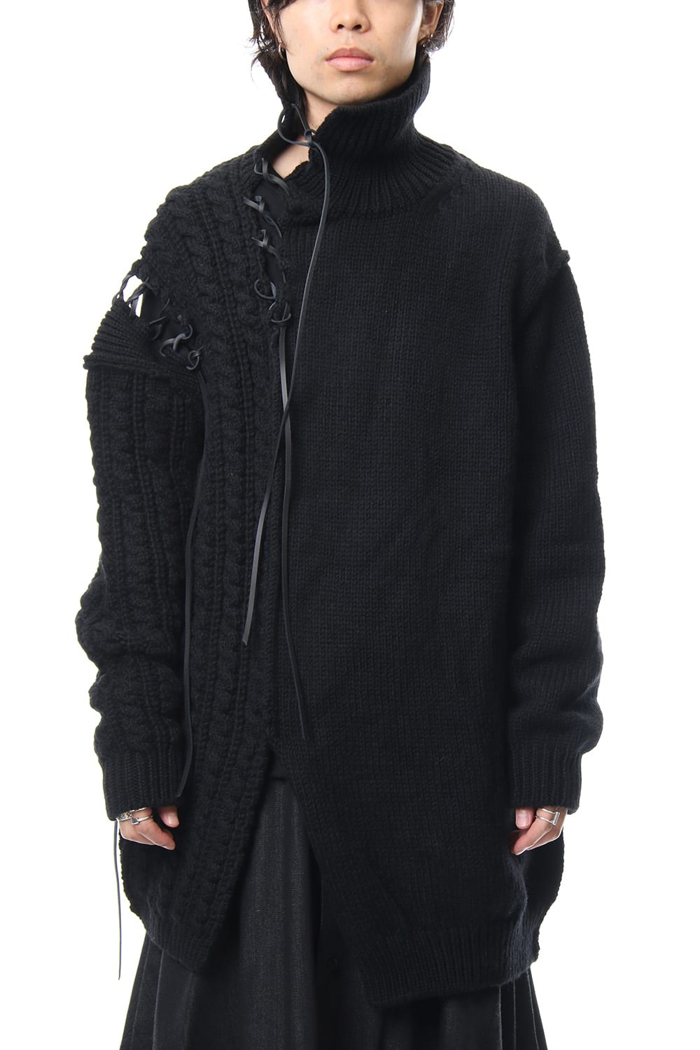 Leather Lace Seam Grafting Turtleneck Knit