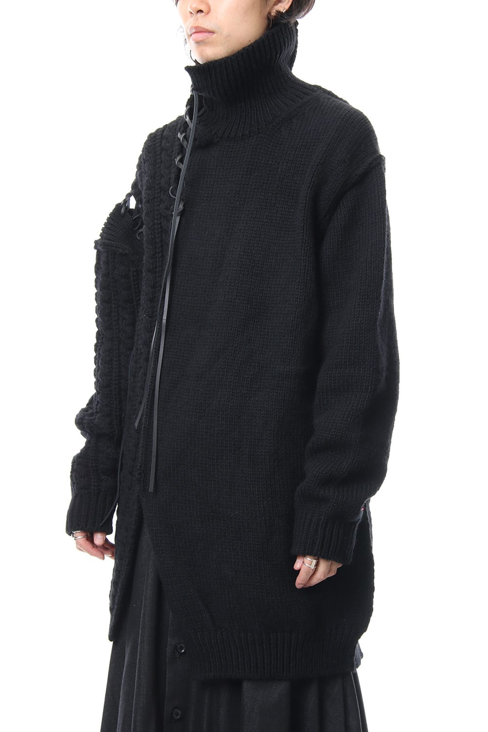 Leather Lace Seam Grafting Turtleneck Knit
