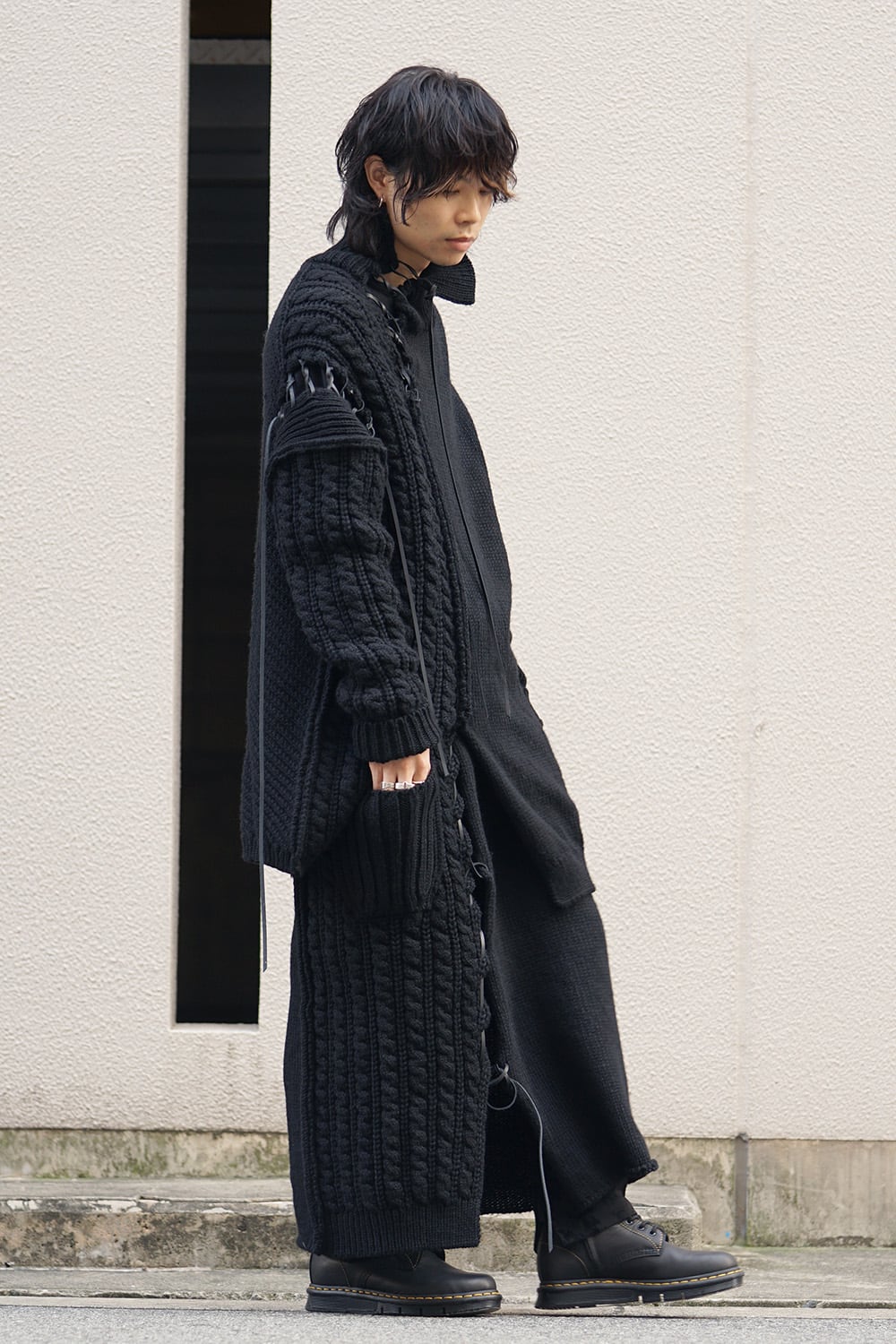 Leather Lace Seam Grafting Knit Long Skirt