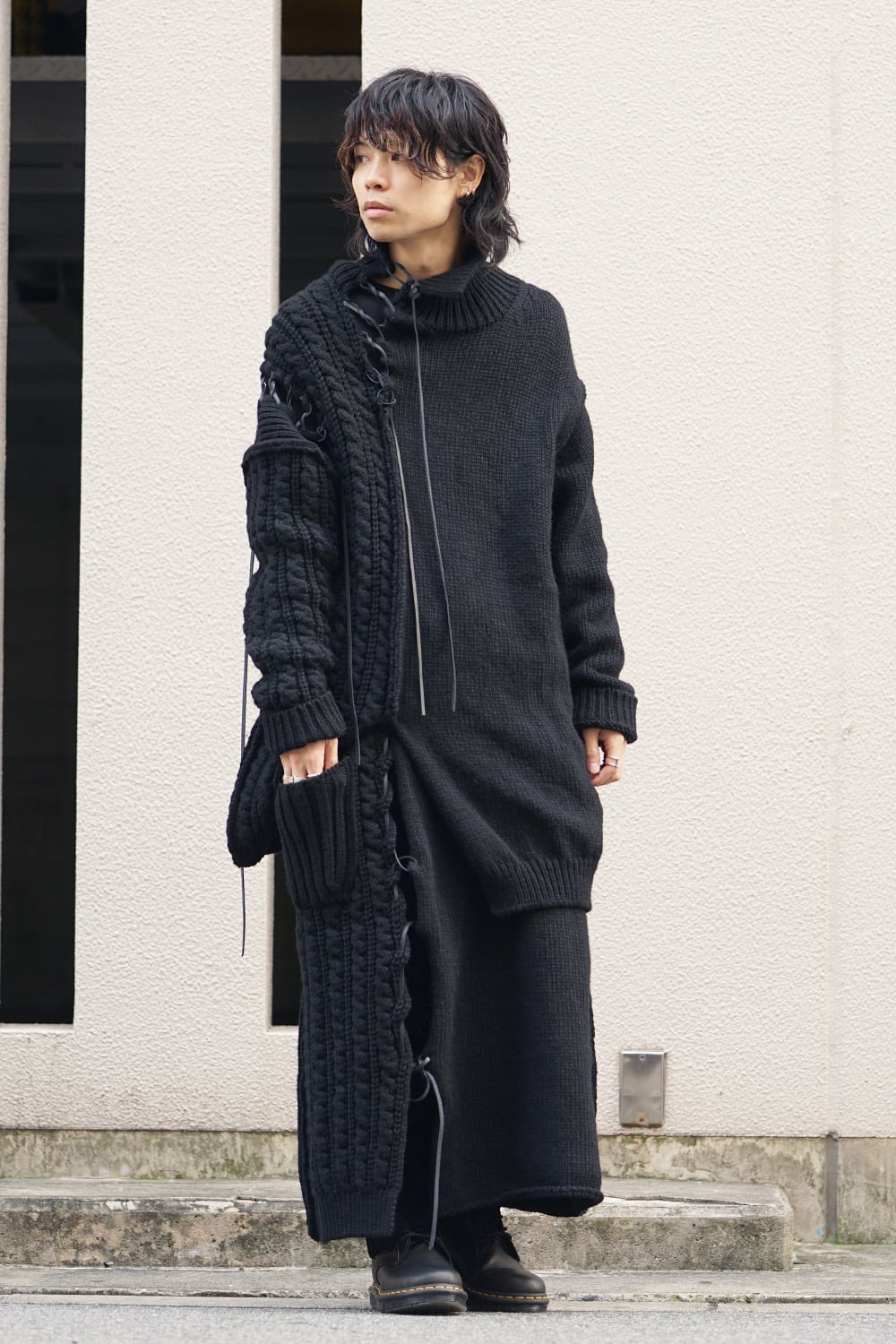 Leather Lace Seam Grafting Knit Long Skirt