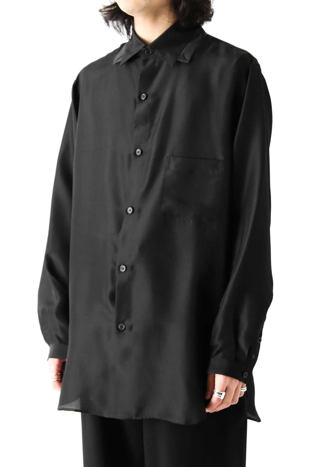 Hidden Collar Button Silk Shirt