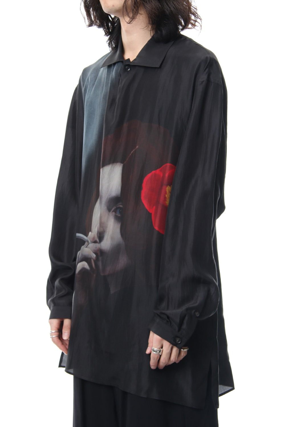 Black open camellia tobacco shirt