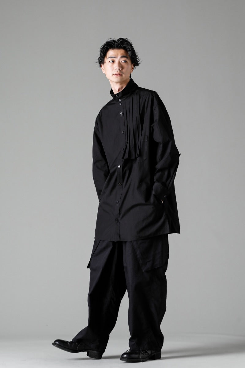 Collart Stand Blouse With Pleated Cloth  Black