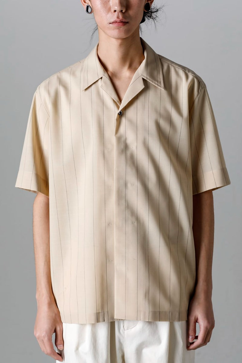 Open Collar Short-Sleeved Shirt Beige Stripe