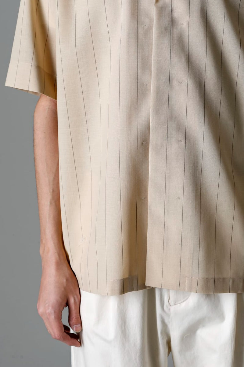 Open Collar Short-Sleeved Shirt Beige Stripe