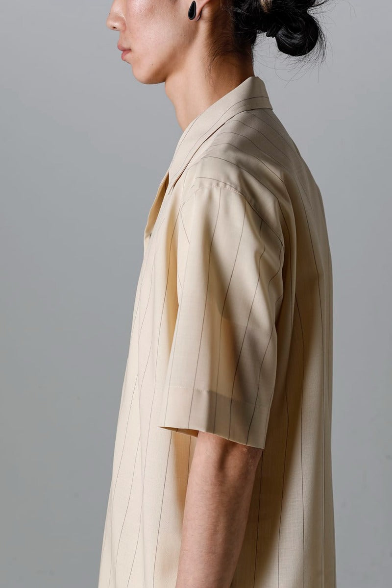 Open Collar Short-Sleeved Shirt Beige Stripe