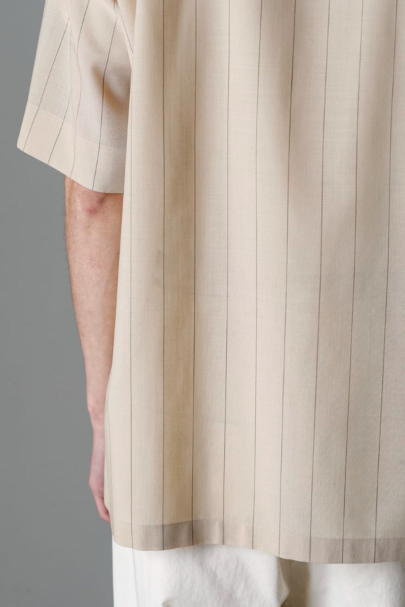Open Collar Short-Sleeved Shirt Beige Stripe