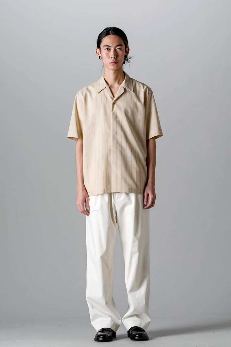 Open Collar Short-Sleeved Shirt Beige Stripe