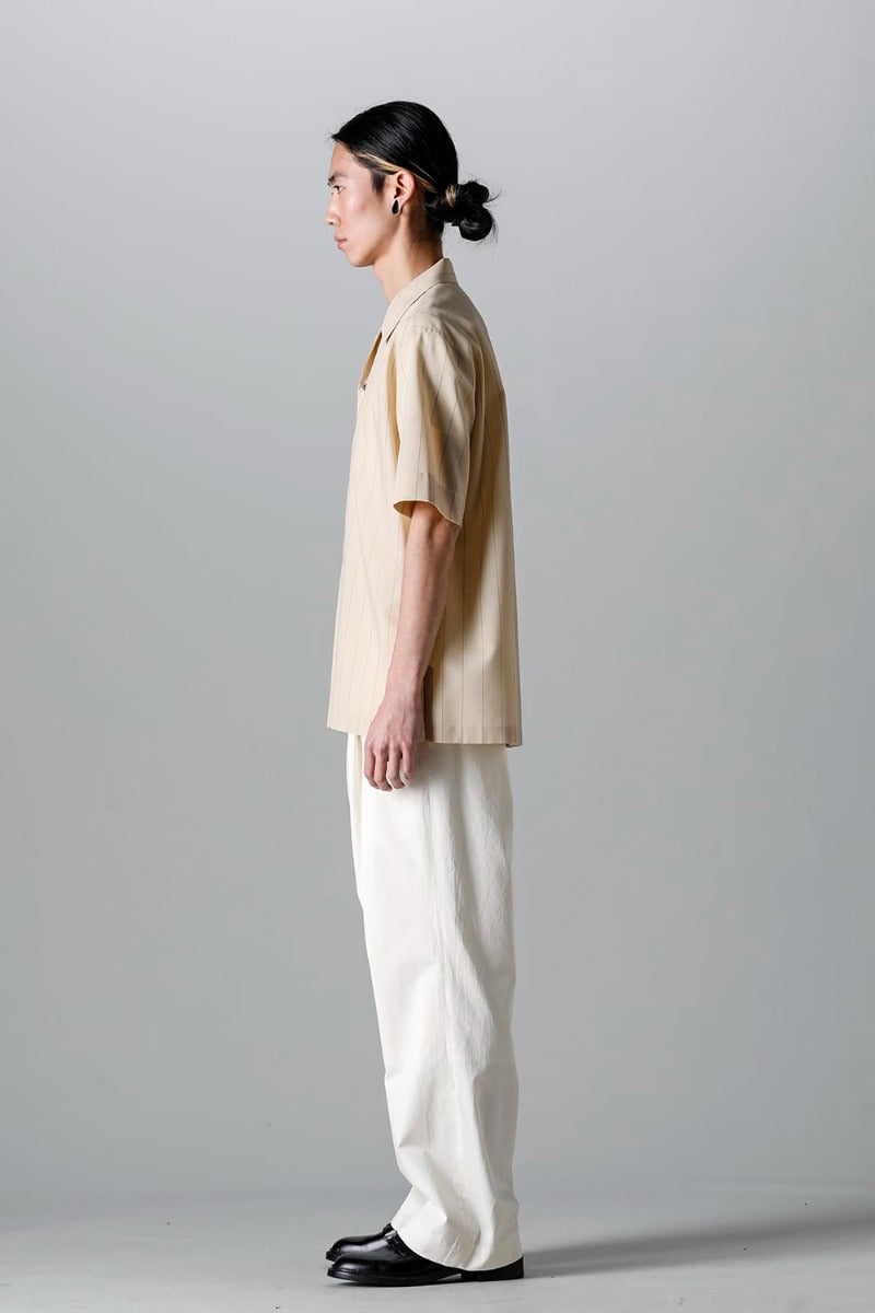 Open Collar Short-Sleeved Shirt Beige Stripe