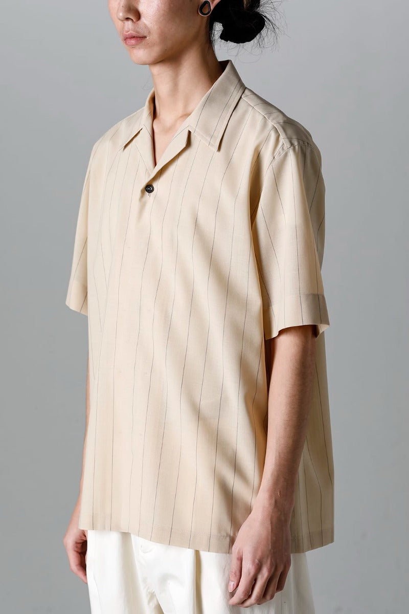 Open Collar Short-Sleeved Shirt Beige Stripe