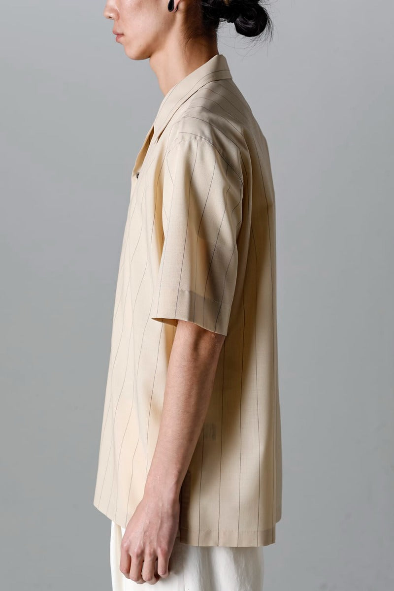 Open Collar Short-Sleeved Shirt Beige Stripe