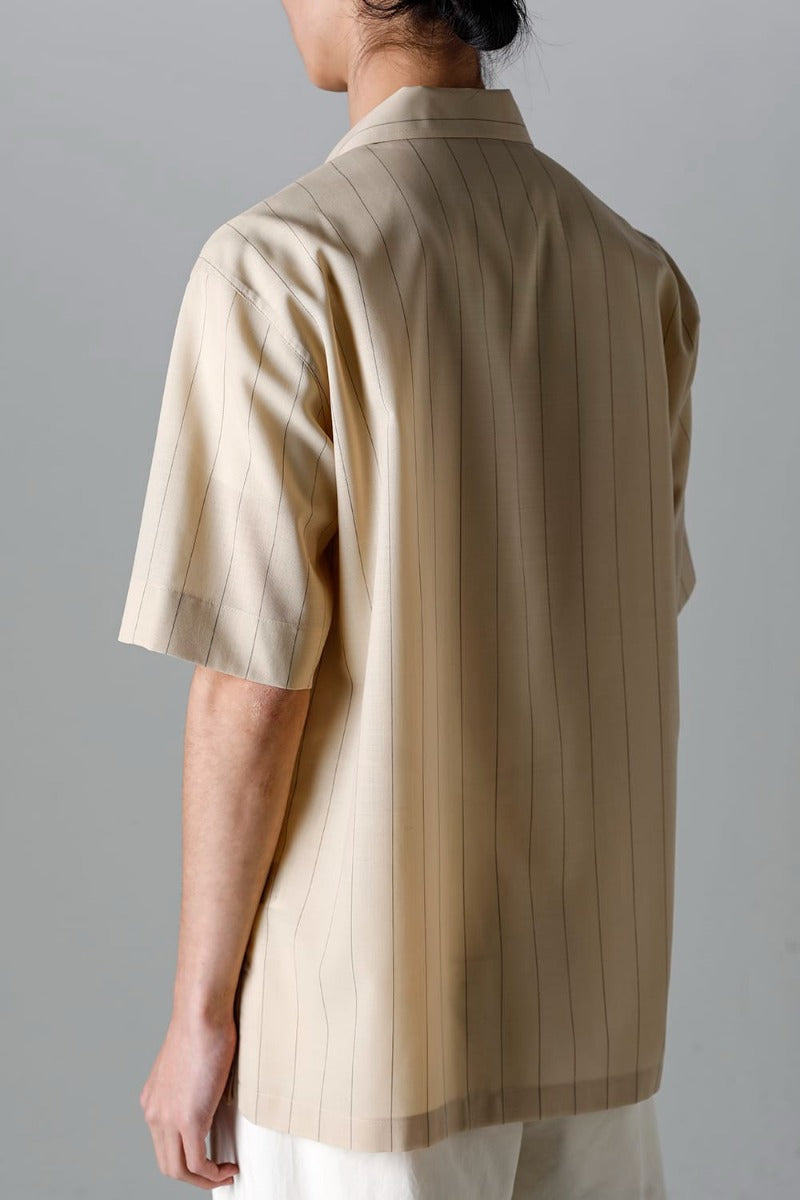 Open Collar Short-Sleeved Shirt Beige Stripe