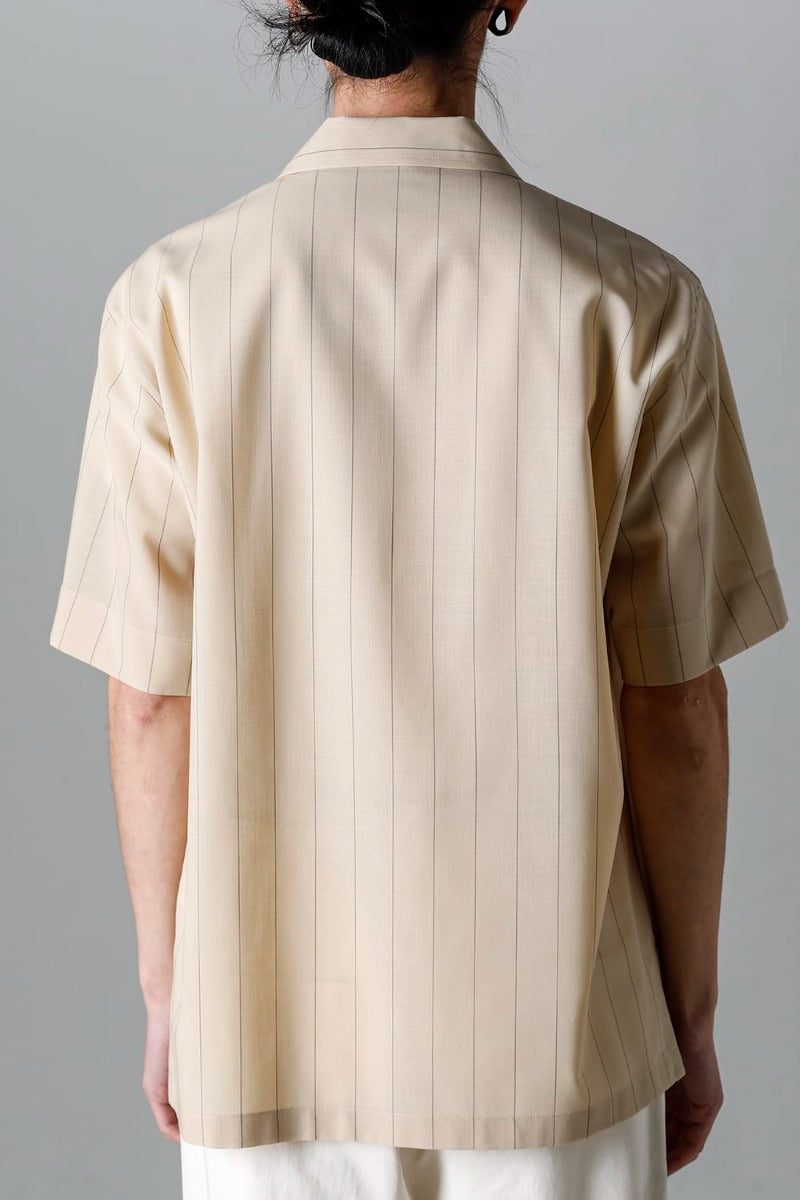 Open Collar Short-Sleeved Shirt Beige Stripe