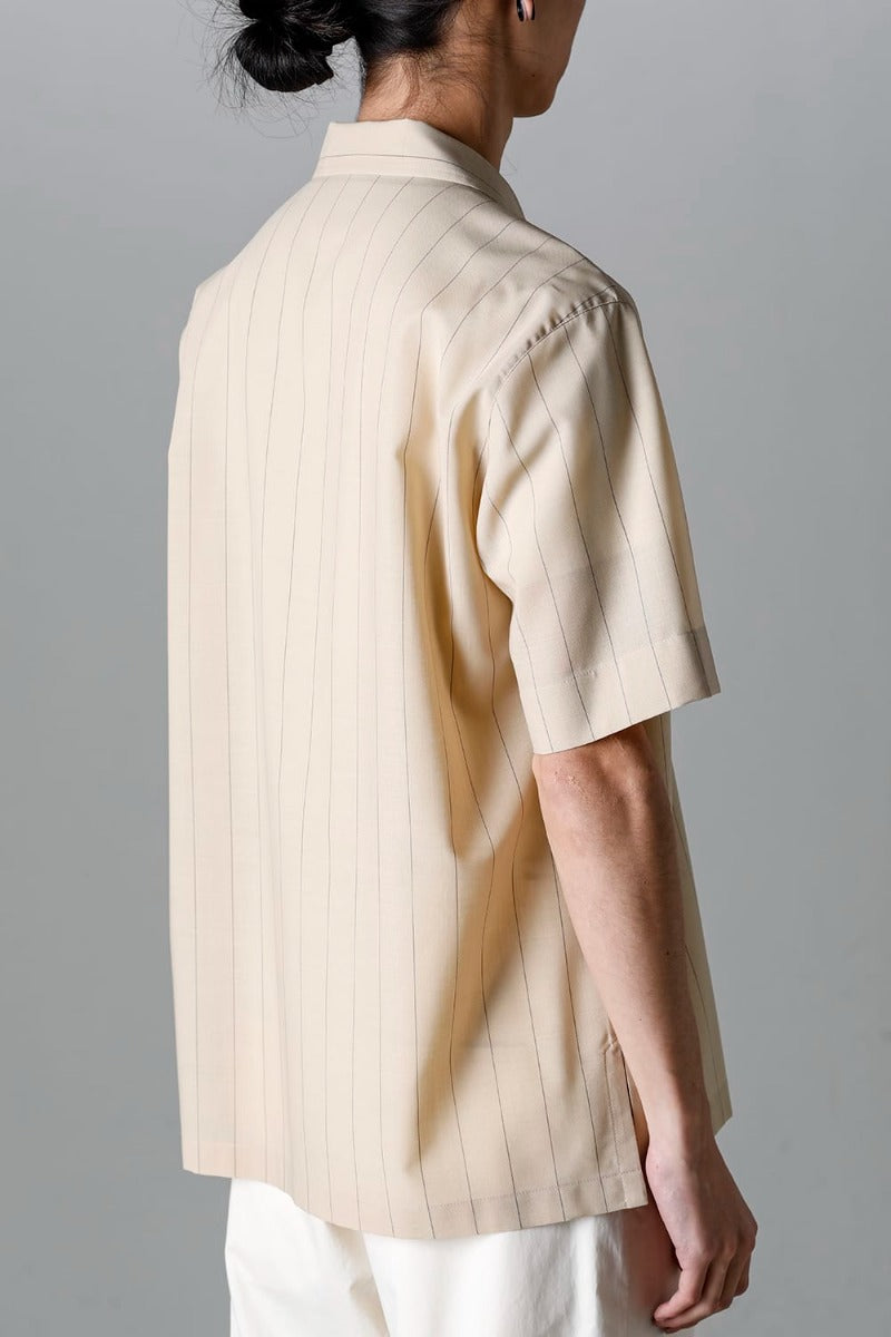 Open Collar Short-Sleeved Shirt Beige Stripe