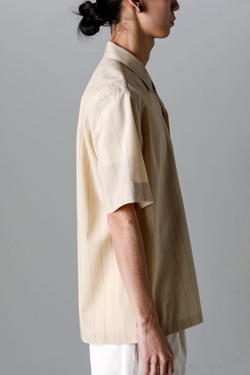 Open Collar Short-Sleeved Shirt Beige Stripe