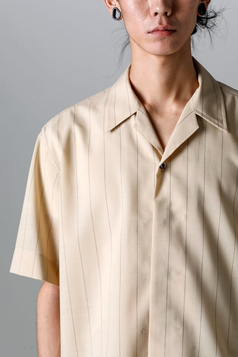 Open Collar Short-Sleeved Shirt Beige Stripe