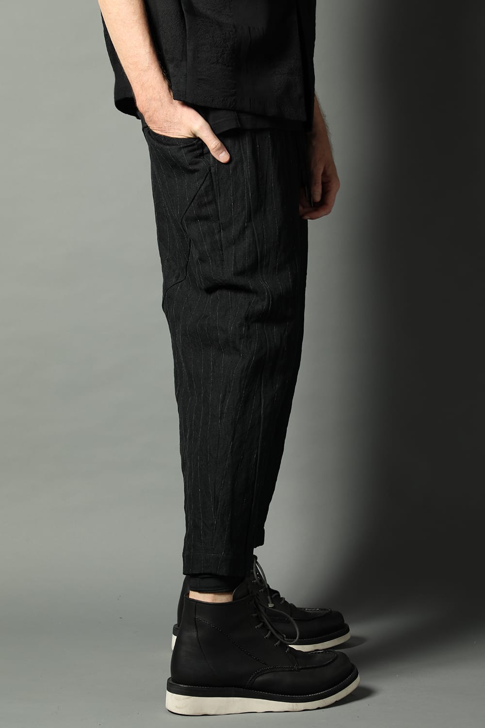 Dropcroch cropped pants cotton linen metal shrink