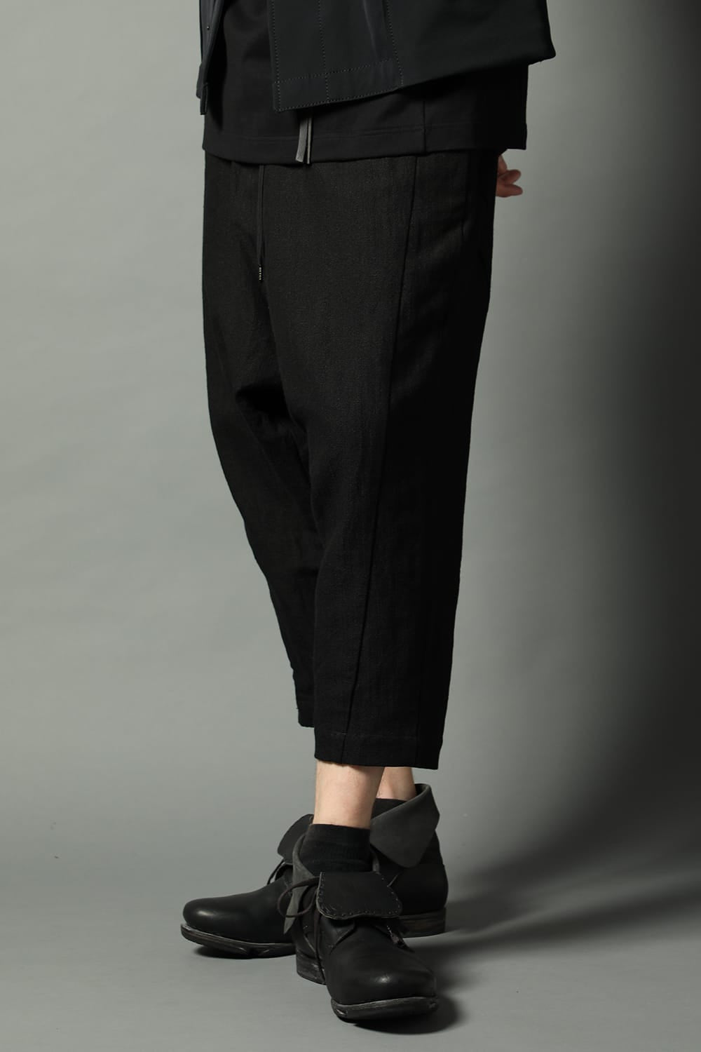 Drop crotch cropped pants cotton ramie shrink