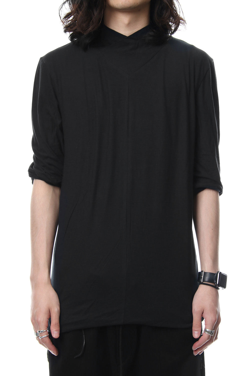 80/- Plain Stitch High Shawl Collar Twisted Half Sleeve T-Shirt