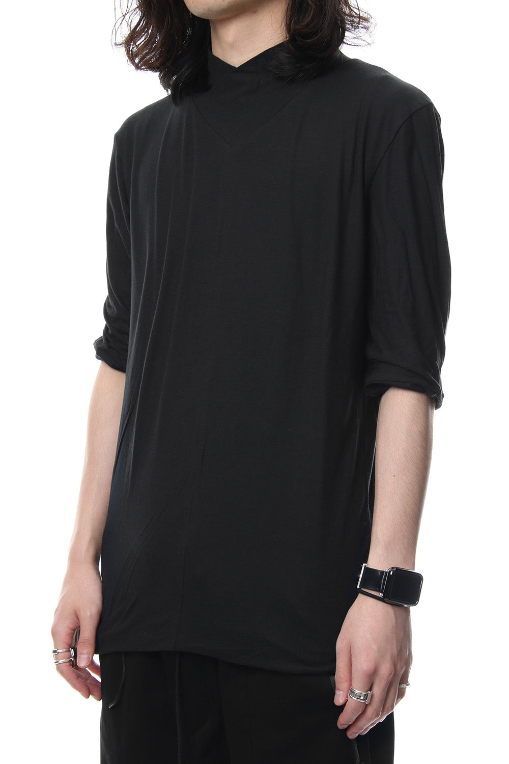 80/- Plain Stitch High Shawl Collar Twisted Half Sleeve T-Shirt