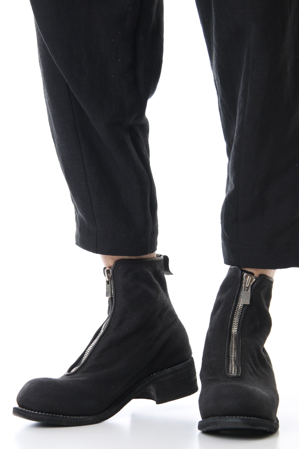 Front Zip Boots Double Sole - Linen - Black