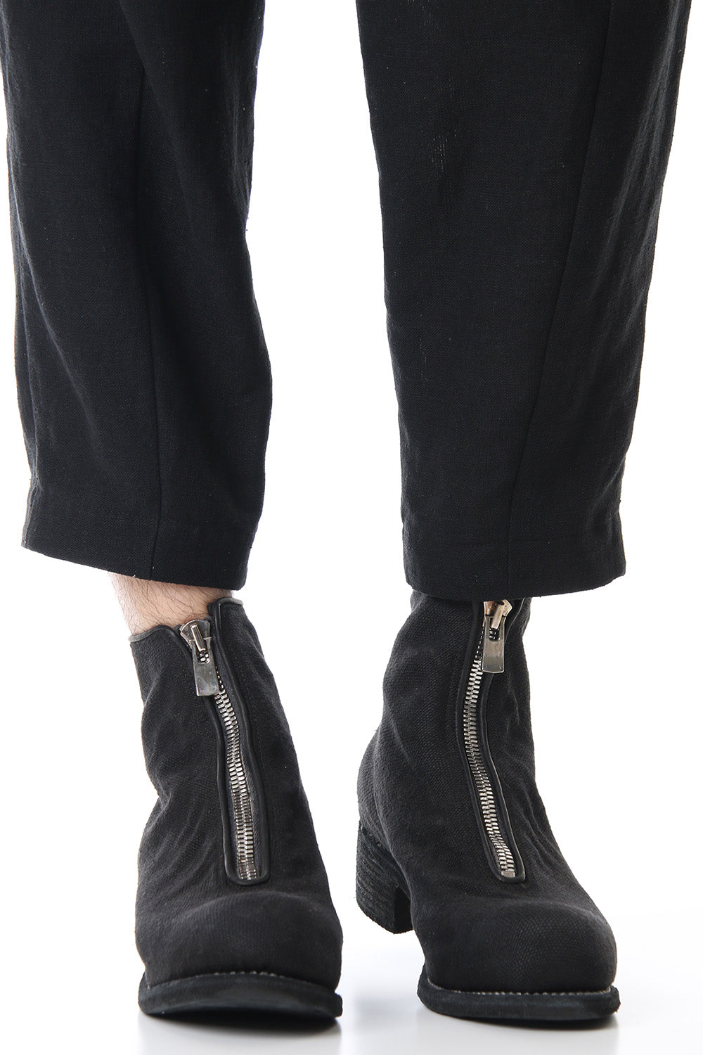 Front Zip Boots Double Sole - Linen - Black
