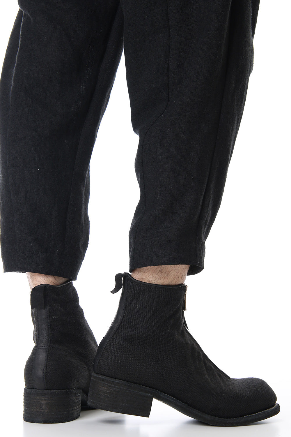 Front Zip Boots Double Sole - Linen - Black
